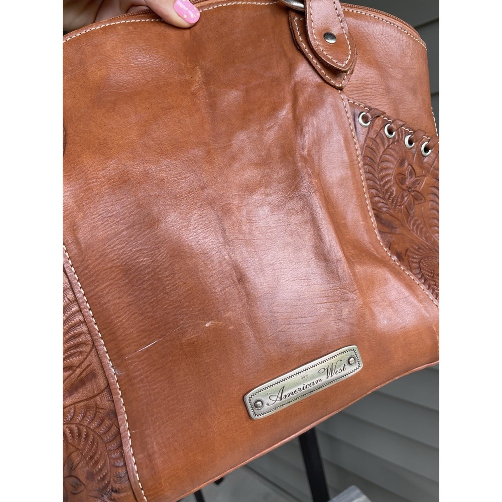 American West Embossed Tooled Leather Western Style Brown Tan Handbag Purse Bag - Picture 7 of 16
